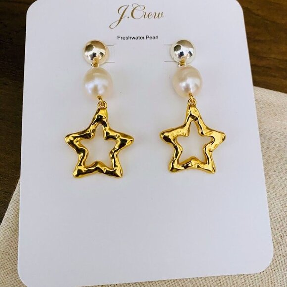 💜 J. Crew Freshwater Pearl & Star Drop Earrings Gold-Plated - Picture 3 of 3